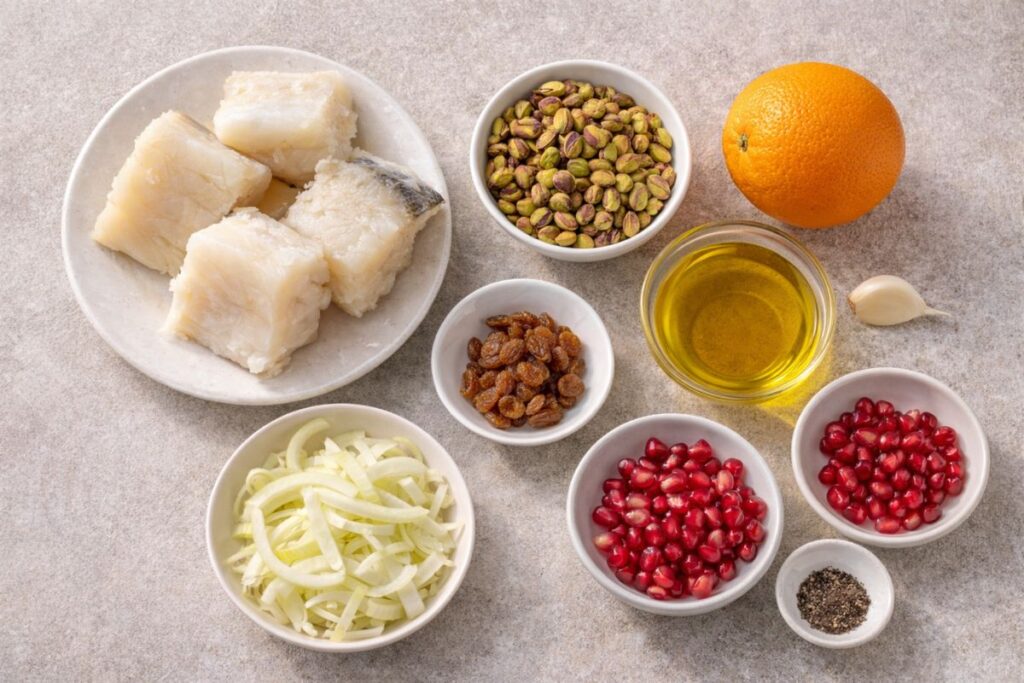 Baccalà con finocchi, pistacchi e melagrana con il Bimby, ingredienti