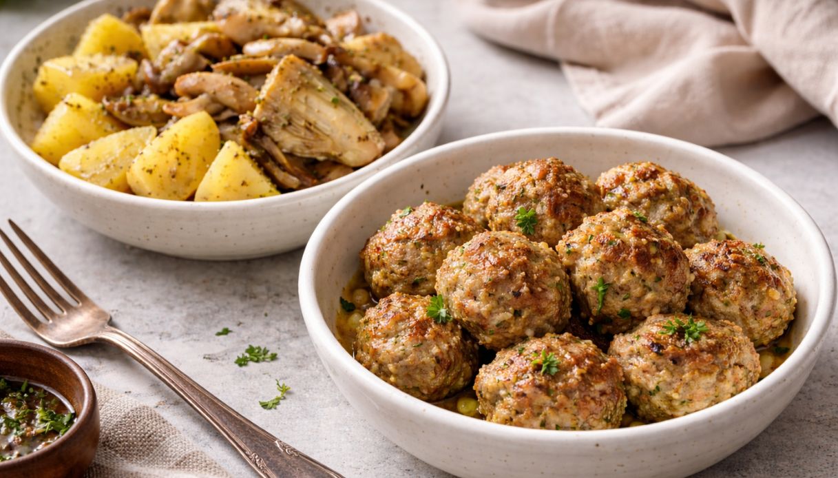 Secondo e contorno con il Bimby, e nessuno fa storie: polpette di carne con funghi, carciofi e patate al Varoma