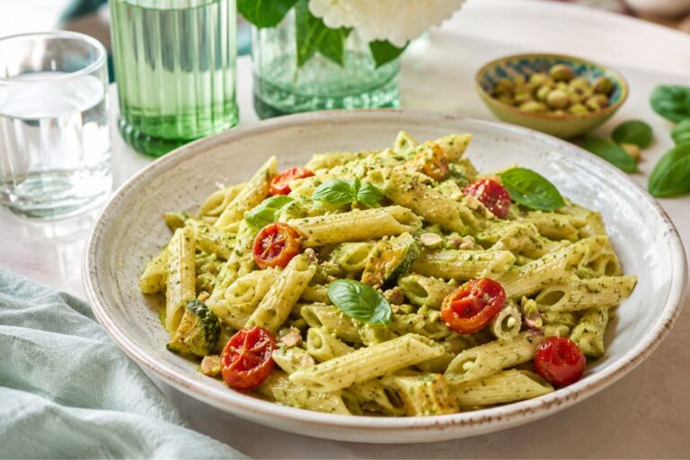 Pasta fredda con pesto di zucchine, pistacchi e pomodorini confit con il Bimby