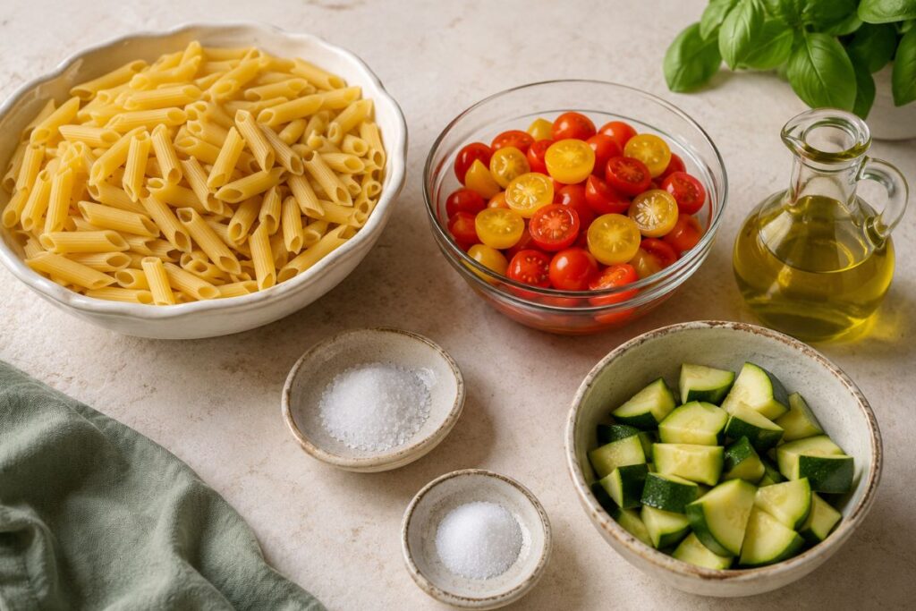 Pasta fredda con pesto di zucchine, pistacchi e pomodorini confit con il Bimby, ingredienti