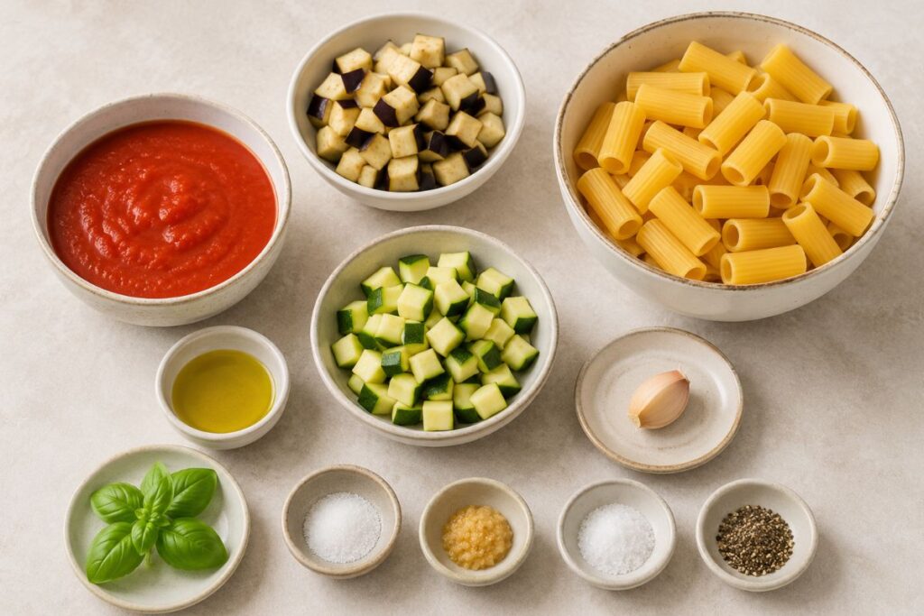Pasta con crema di melanzane, zucchine e pomodoro con il Bimby ingredienti