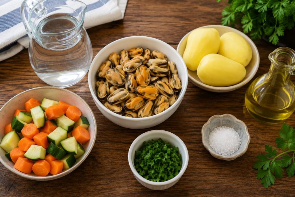 Insalata di cozze patate e verdure con il Bimby ingredienti Insalata di cozze, patate e verdure con il Bimby, ingredienti