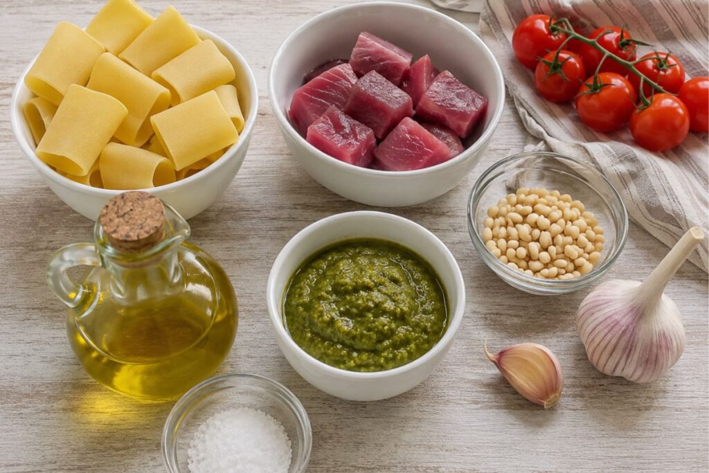Pasta con tonno fresco, pomodorini e pesto con il Bimby, ingredienti