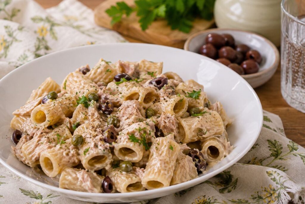 Pasta corta con tonno, robiola e olive taggiasche con il Bimby