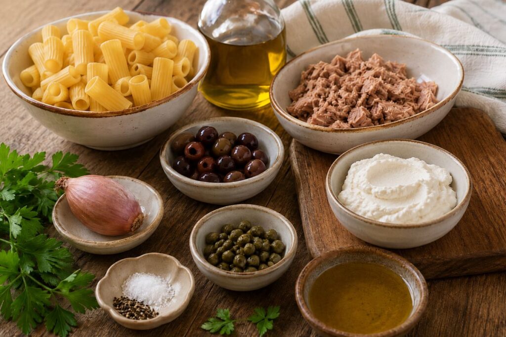 Pasta corta con tonno robiola e olive taggiasche con il Bimby ingredienti Pasta corta con tonno, robiola e olive taggiasche con il Bimby, ingredienti