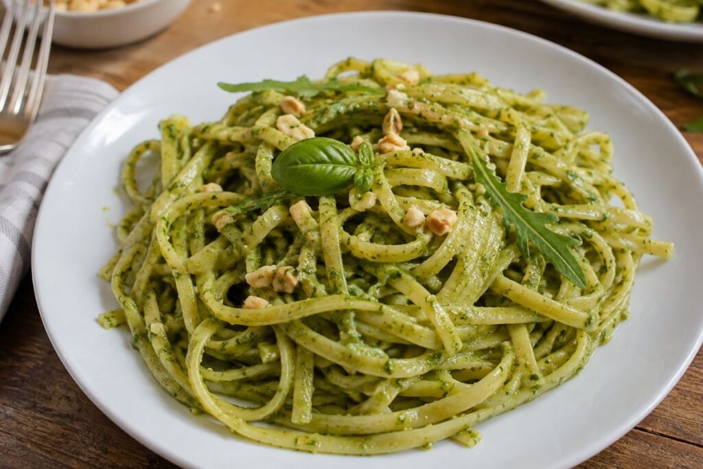 Linguine al pesto di nocciole, spinaci e rucola con il Bimby