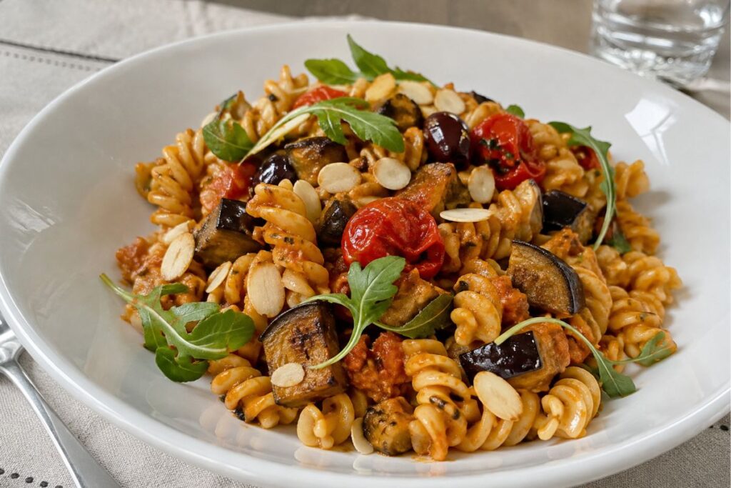 Pasta con pesto di pomodori secchi, ricotta e melanzane con il Bimby