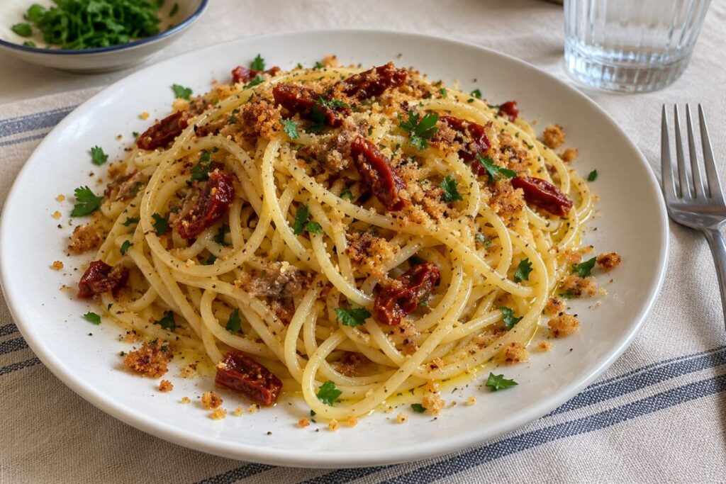 Spaghetti con pangrattato, pomodori secchi e acciughe con il Bimby