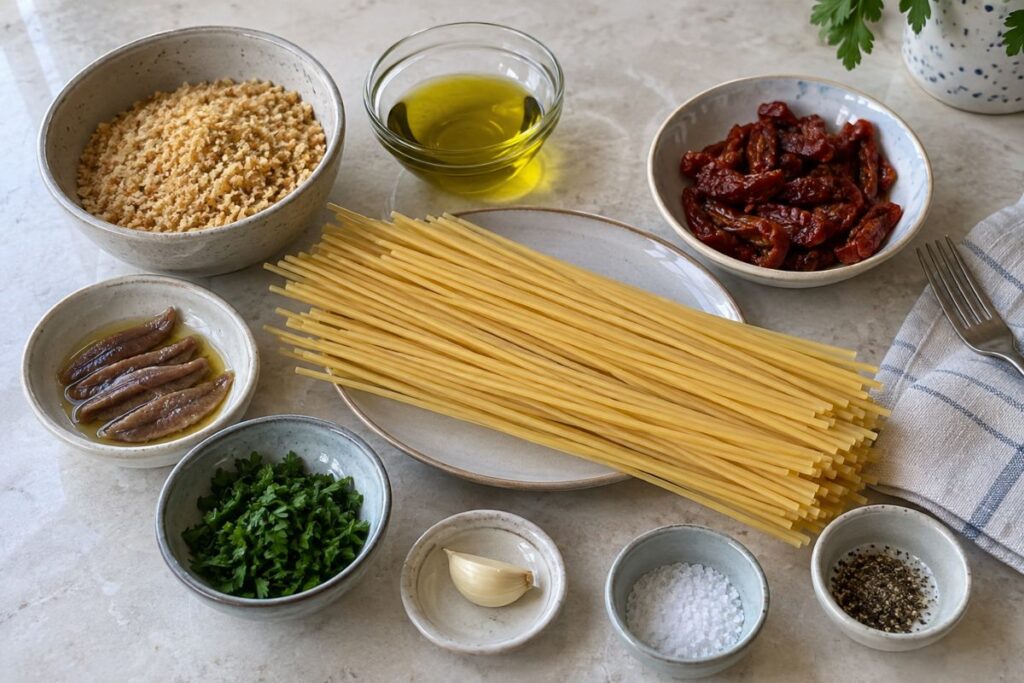 Spaghetti con pangrattato pomodori secchi e acciughe con il Bimby ingredienti Spaghetti con pangrattato, pomodori secchi e acciughe con il Bimby, ingredienti