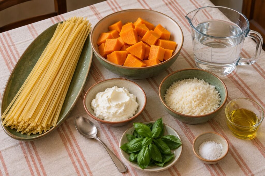 Linguine con crema di zucca e basilico con il Bimby ingredienti Linguine con crema di zucca e basilico con il Bimby, ingredienti